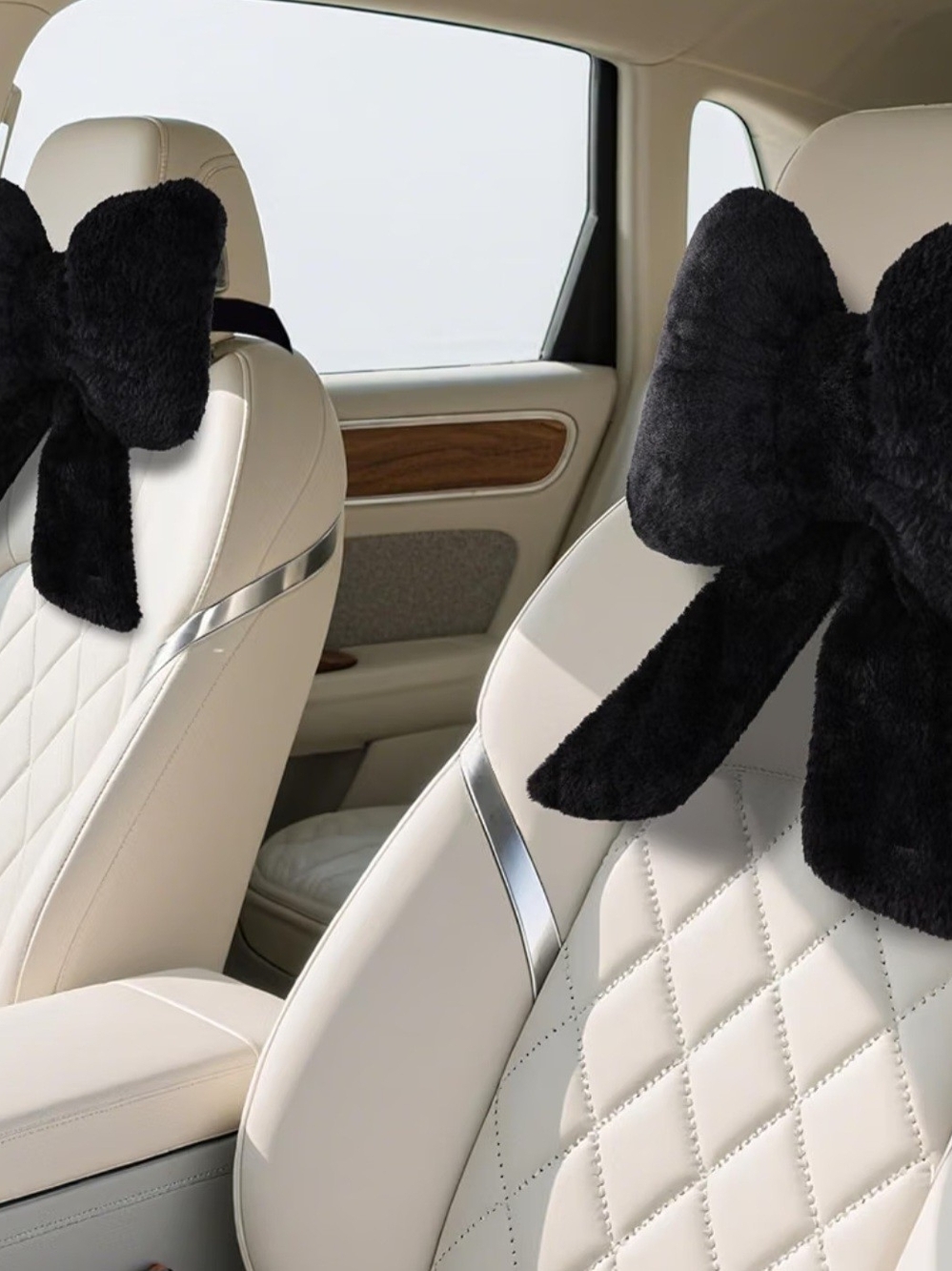 Plush Bow Car Headrest Cushion - Black